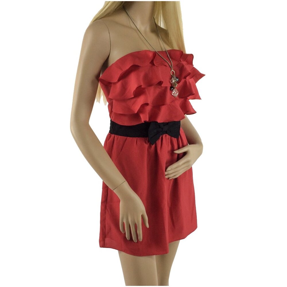 Anthropologie Strapless Ruffled Red Mini Dress w/Black Bow Waist Accent - Picture 3 of 6